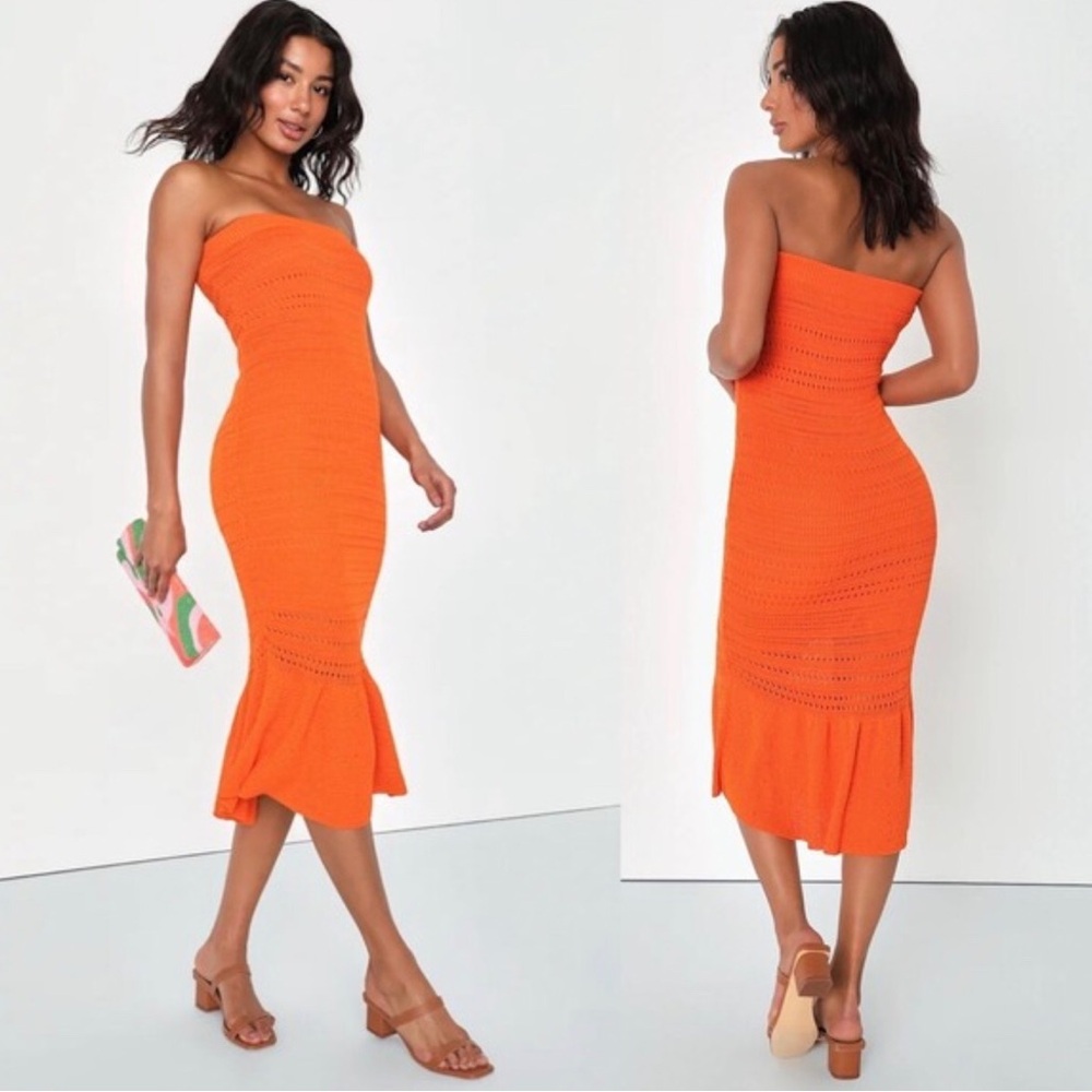 Lulus S Palm Springs Sweetie Orange Knit Strapless Midi Dress NWT Body Con NEW